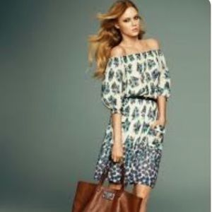 MNG BY MANGO BLUE/GREEN CHIFFON PEASANT DRESS